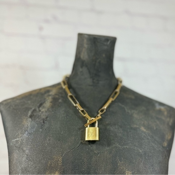 LOUIS VUITTON Brass Pad Lock as a pendant on a FOSSIL brass toggle necklace EUC - Picture 2 of 16